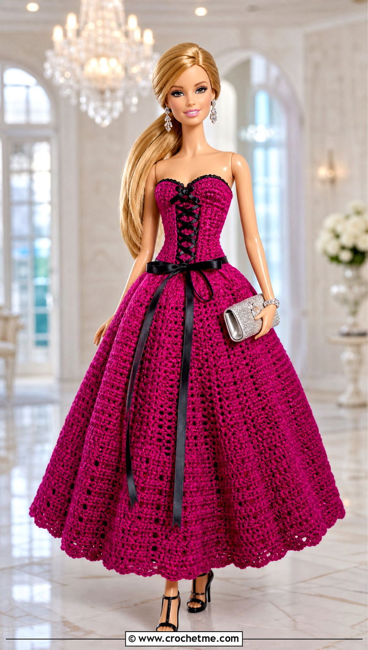 Festive Fuchsia Corset Look Crochet Barbie Ball Gown - 30 crochet barbie ball gowns outfit ideas