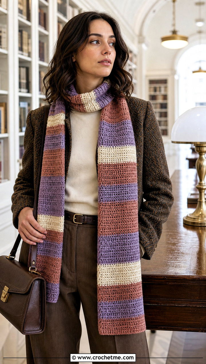 Fibonacci Stripe Crochet Scarf With Tweed Jacket - 30 Stripe Crochet Scarf outfit ideas