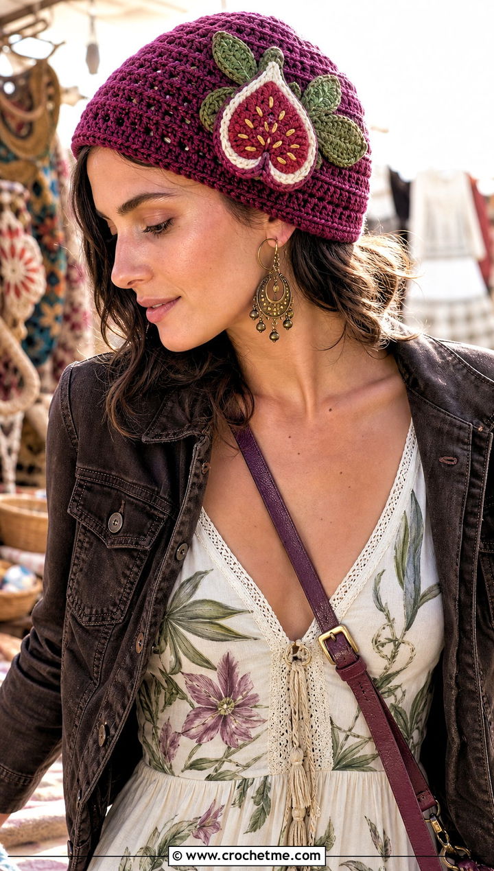 Fig Crochet Beanie With Boho Maxi Dress - 30 crochet fruit beanie outfit ideas