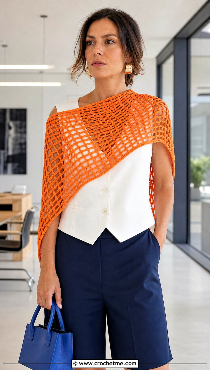Filet Asymmetrical Crochet Shawl With Vest And Tailored Shorts - 30 asymmetrical crochet shawl outfit ideas