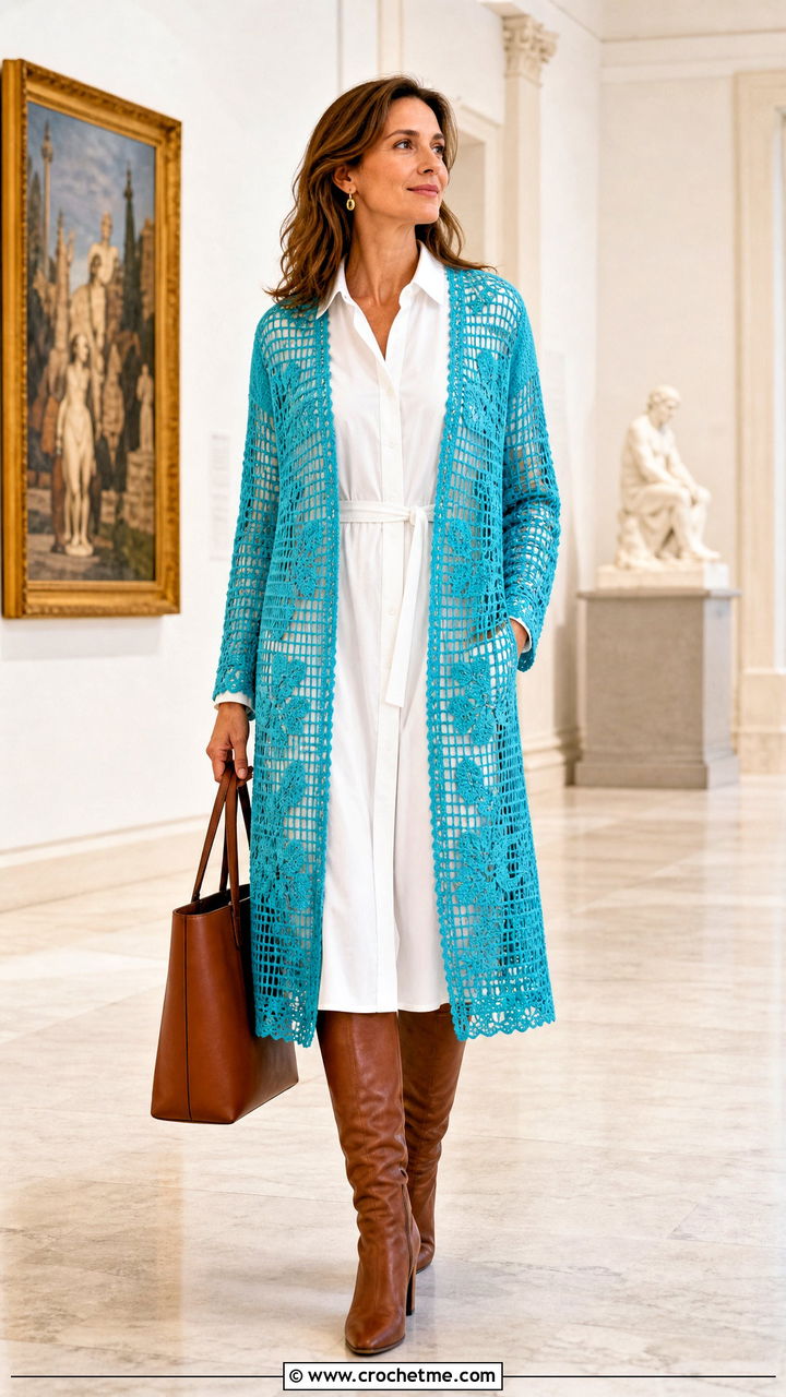 Filet Boho Crochet Cardigan With Button Down Shirt Dress - 35 Boho Crochet Cardigan outfit ideas