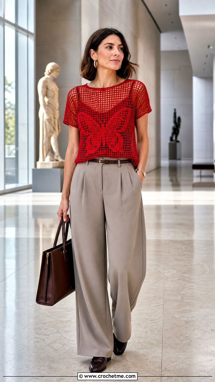 Filet Butterfly Crochet Top With Pleated Trousers - 35 butterfly crochet top outfit ideas