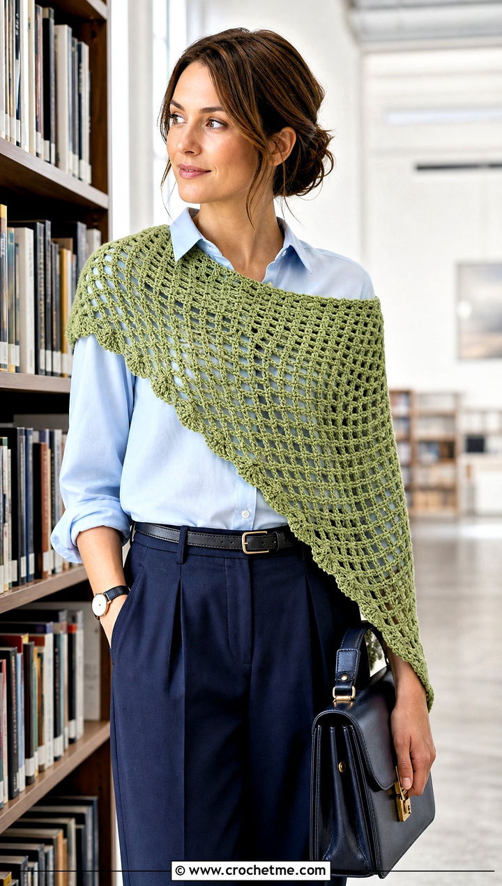 Filet Crescent Crochet Shawl With Pleated Trousers - 25 Crescent Crochet Shawl outfit ideas