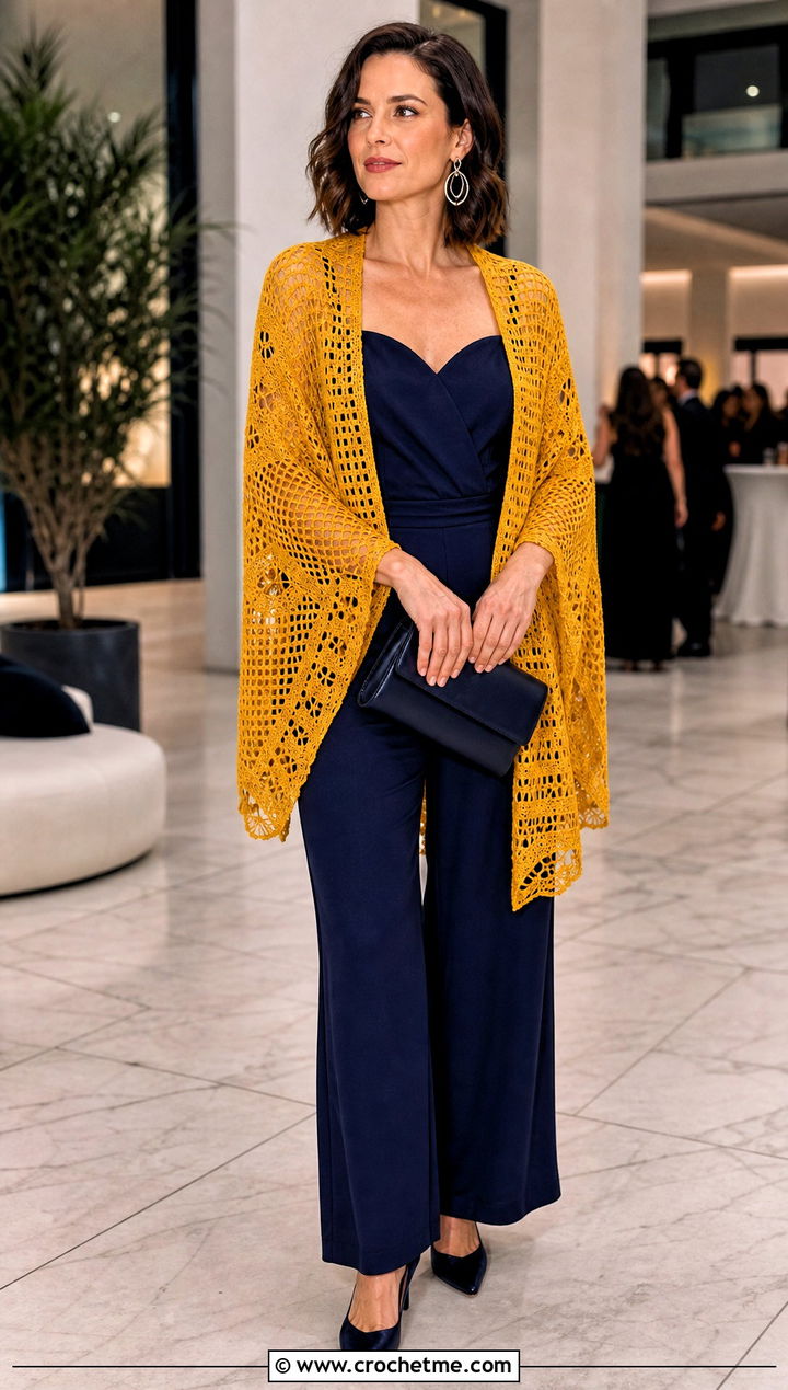 Filet Crochet Skein Shawl With Jumpsuit And Heels - 15 Easy 1 Skein Crochet Shawl outfit ideas