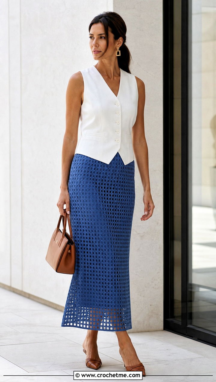 Filet Crochet A Line Skirt With Linen Vest - 25 Crochet A Line Skirt outfit ideas