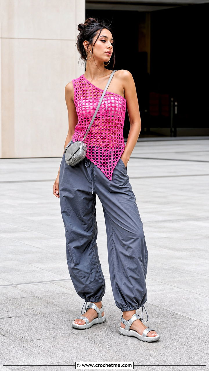 Filet Crochet Asymmetrical Top With Parachute Pants - 35 filet crochet top outfit ideas