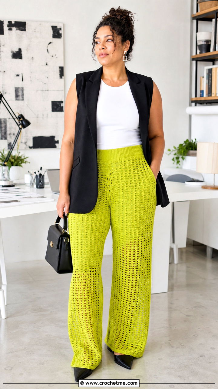 Filet Crochet Baggy Pants With Longline Vest - 35 crochet baggy pants outfit ideas
