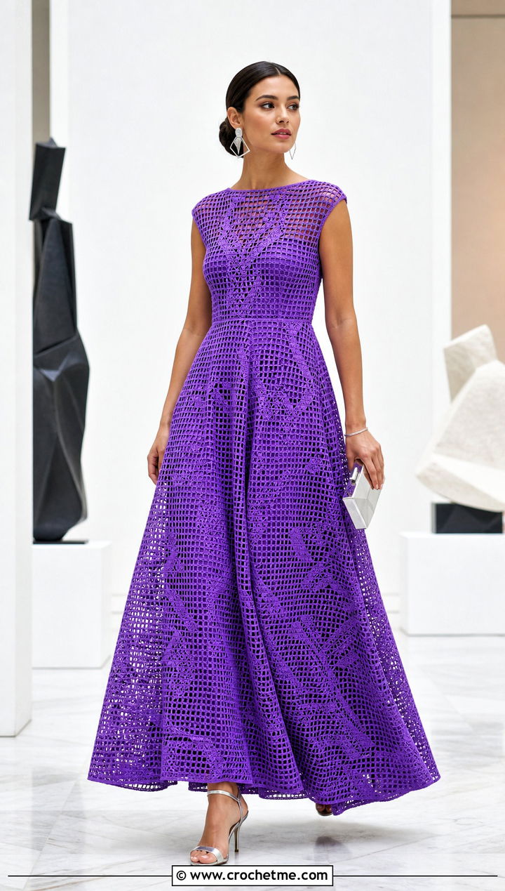 Filet Crochet Ball Gown With Metallic Sandals - 30 crochet ball gown dress outfit ideas