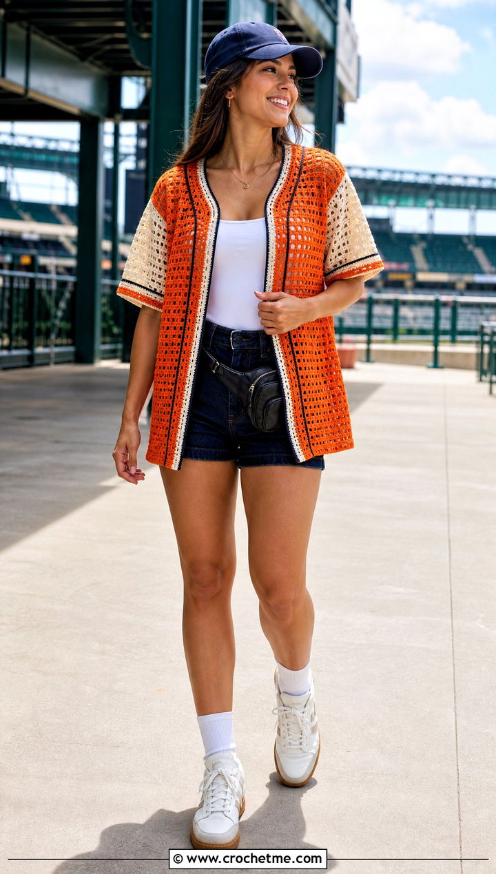 Filet Crochet Baseball Shirt With Denim Shorts - 30 filet crochet shirt outfit ideas
