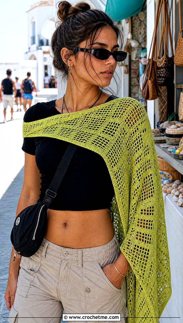 Filet Crochet Beach Shawl With Cargo Pants - 25 crochet beach shawl outfit ideas