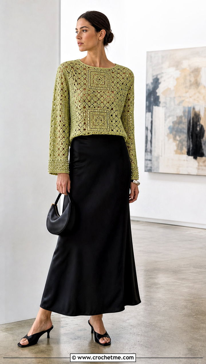 Filet Crochet Beaded Blouse With A Slip Skirt - 15 crochet lace top with beads outfit ideas
