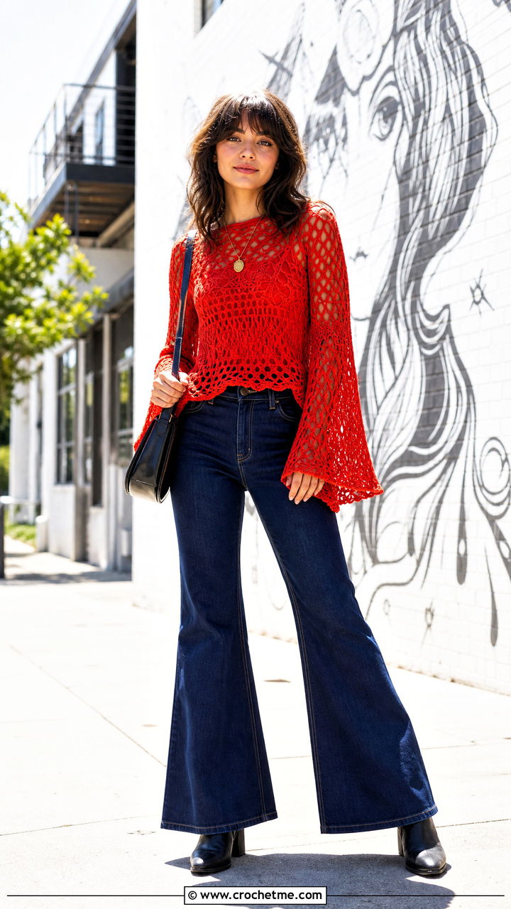 Filet Crochet Bell Sleeve Top With Flare Jeans - 35 filet crochet top outfit ideas