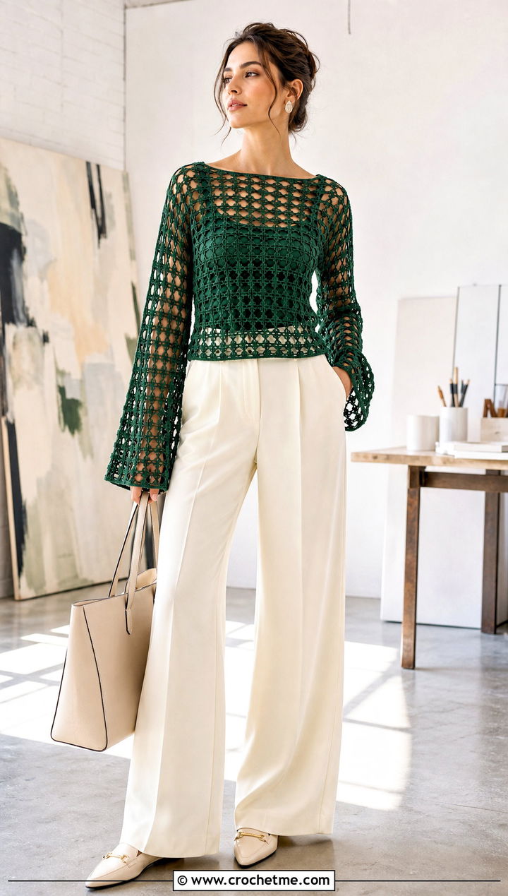 Filet Crochet Bell Sleeve Top With Wide Leg Suit Pants - 30 crochet top with bell sleeves outfit ideas