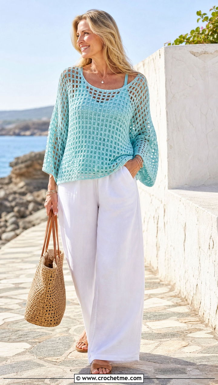 Filet Crochet Blanket Sweater With Linen Trousers - 30 crochet blanket sweater outfit ideas