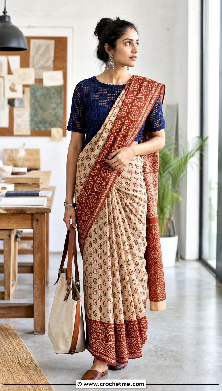Filet Crochet Blouse With Block Print Saree - 35 Crochet Blouse For Saree outfit ideas