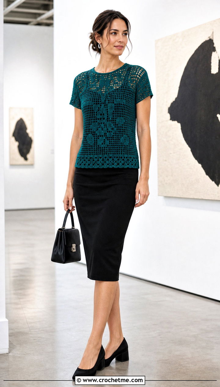 Filet Crochet Blouse With Pencil Skirt - 35 crochet vintage top outfit ideas