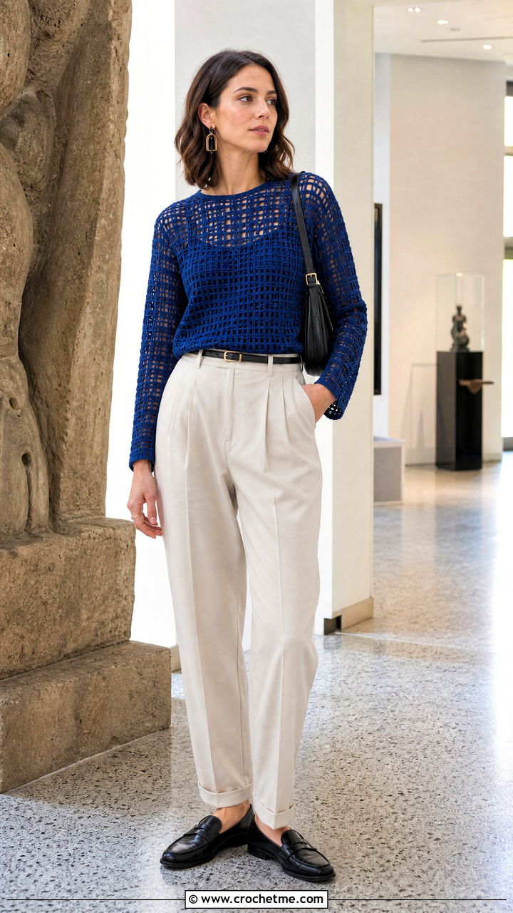 Filet Crochet Blouse With Pleated Trousers - 35 crochet blouse for women outfit ideas