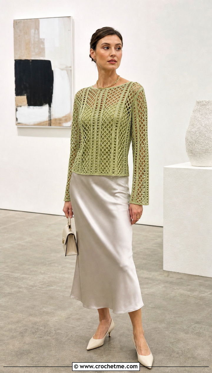 Filet Crochet Blouse With Satin Midi Skirt - 15 vintage crochet top design outfit ideas