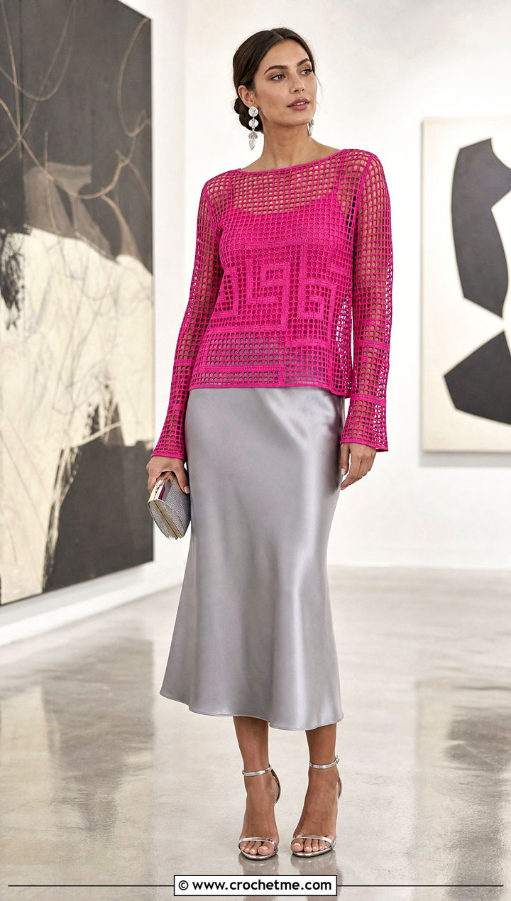 Filet Crochet Blouse With Satin Midi Skirt - 20 Crochet Holey Top outfit ideas