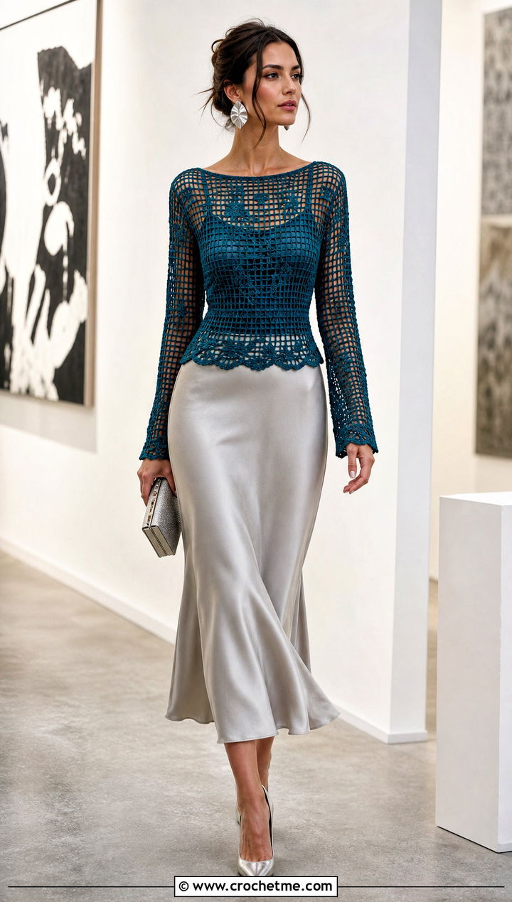 Filet Crochet Blouse With Satin Midi Skirt - 15 lace crochet blouse design outfit ideas