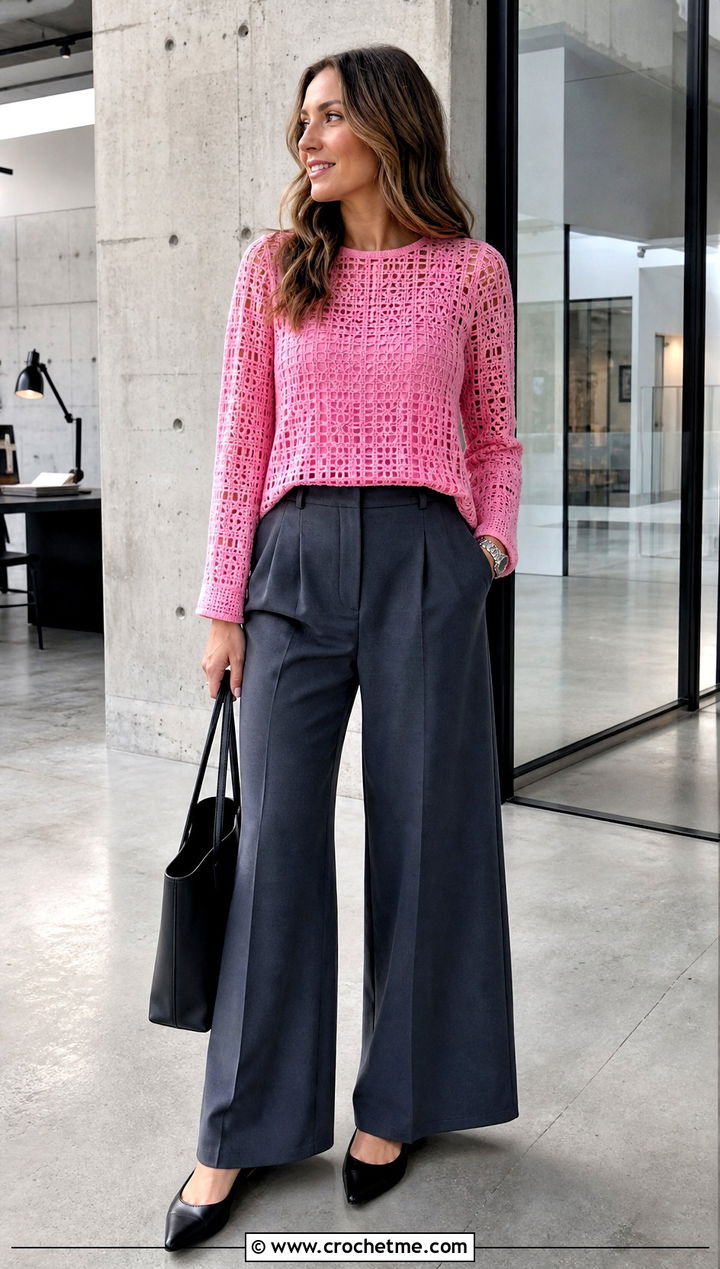 Filet Crochet Blouse With Tailored Trousers - 20 Crochet Tops With Long Sleeves outfit ideas