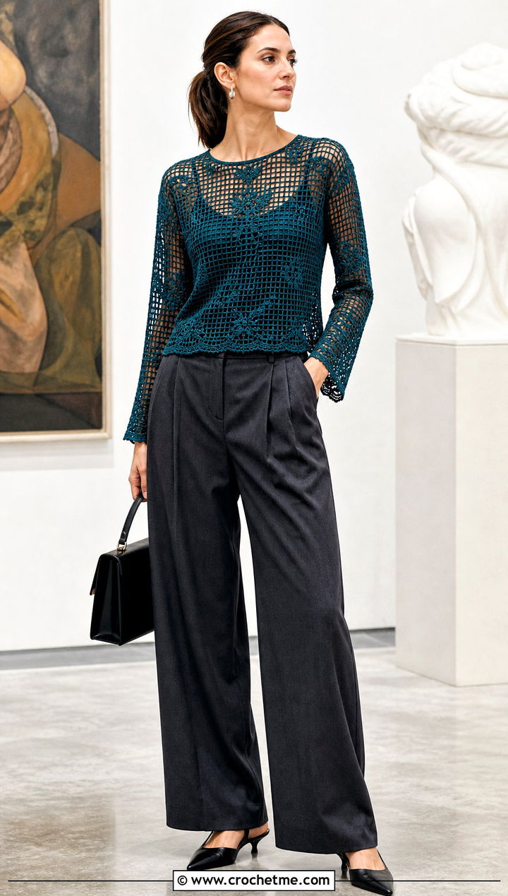 Filet Crochet Blouse With Wide Leg Trousers - 25 vintage crochet top outfit ideas