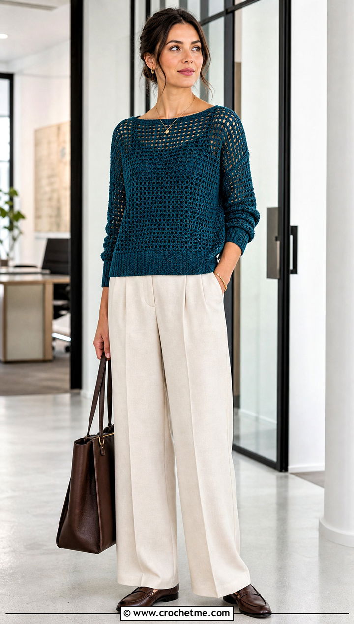 Filet Crochet Boat Neck Sweater With Wide Leg Trousers - 20 Open Weave Crochet Sweater outfit ideas