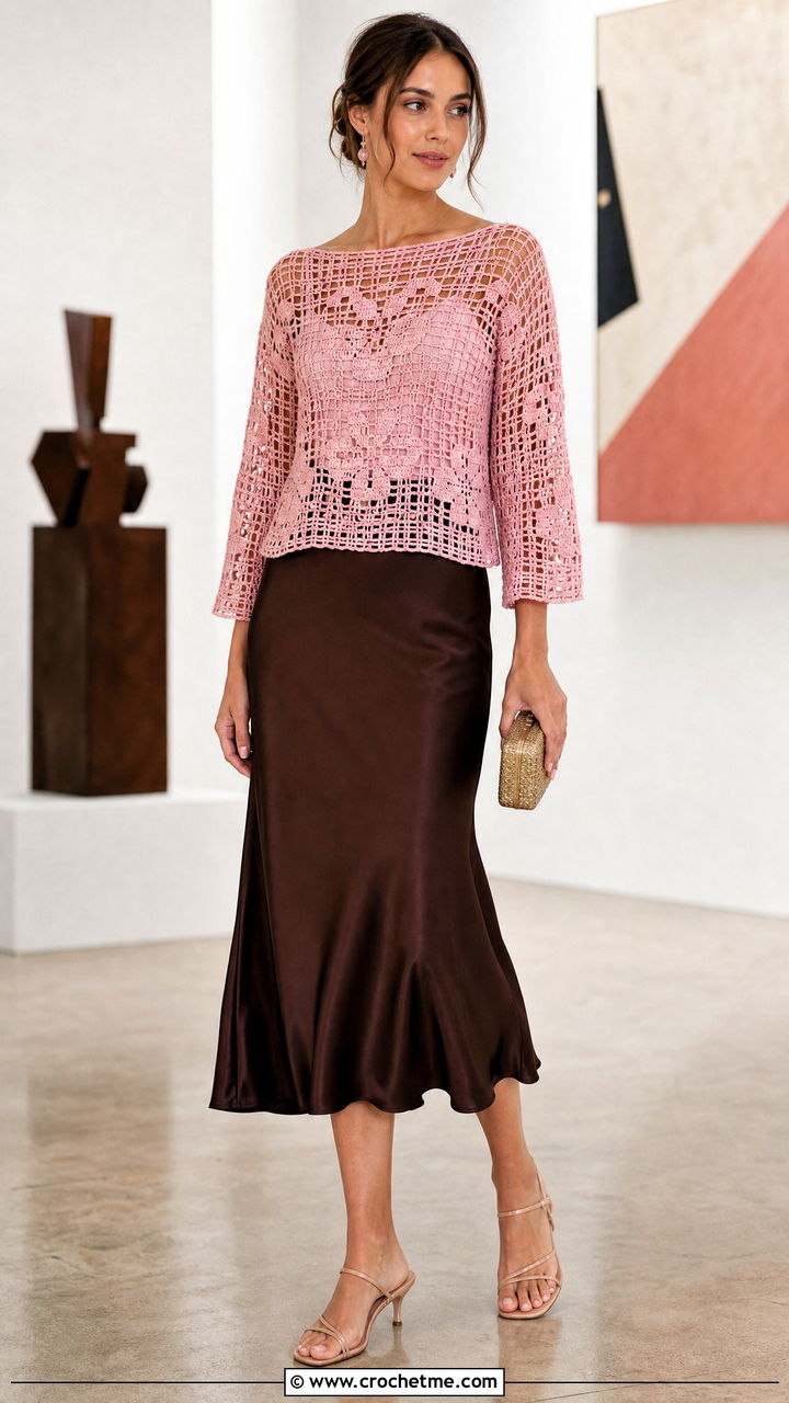 Filet Crochet Boat Neck Top With A Satin Skirt - 35 filet crochet top outfit ideas