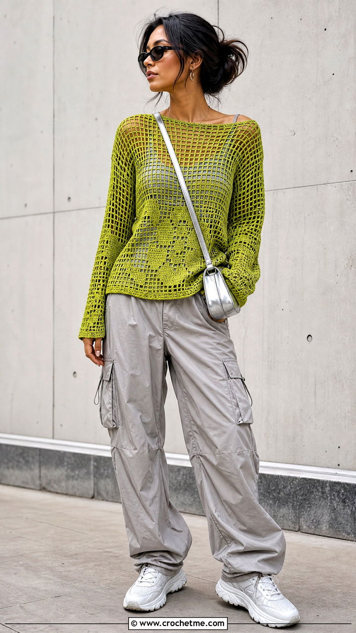 Filet Crochet Boat Neck Top With Cargo Pants - 35 crochet top with sleeves outfit ideas