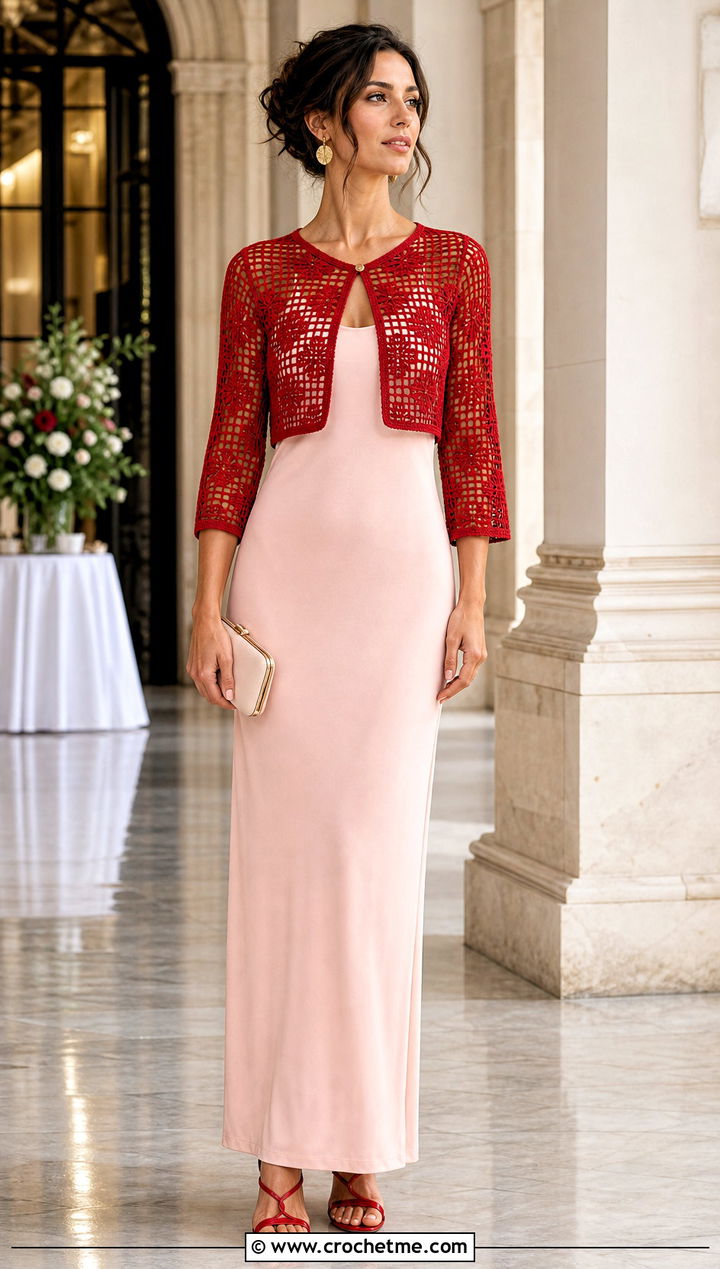 Filet Crochet Bolero Top With Column Maxi Dress - 20 crochet bolero top outfit ideas