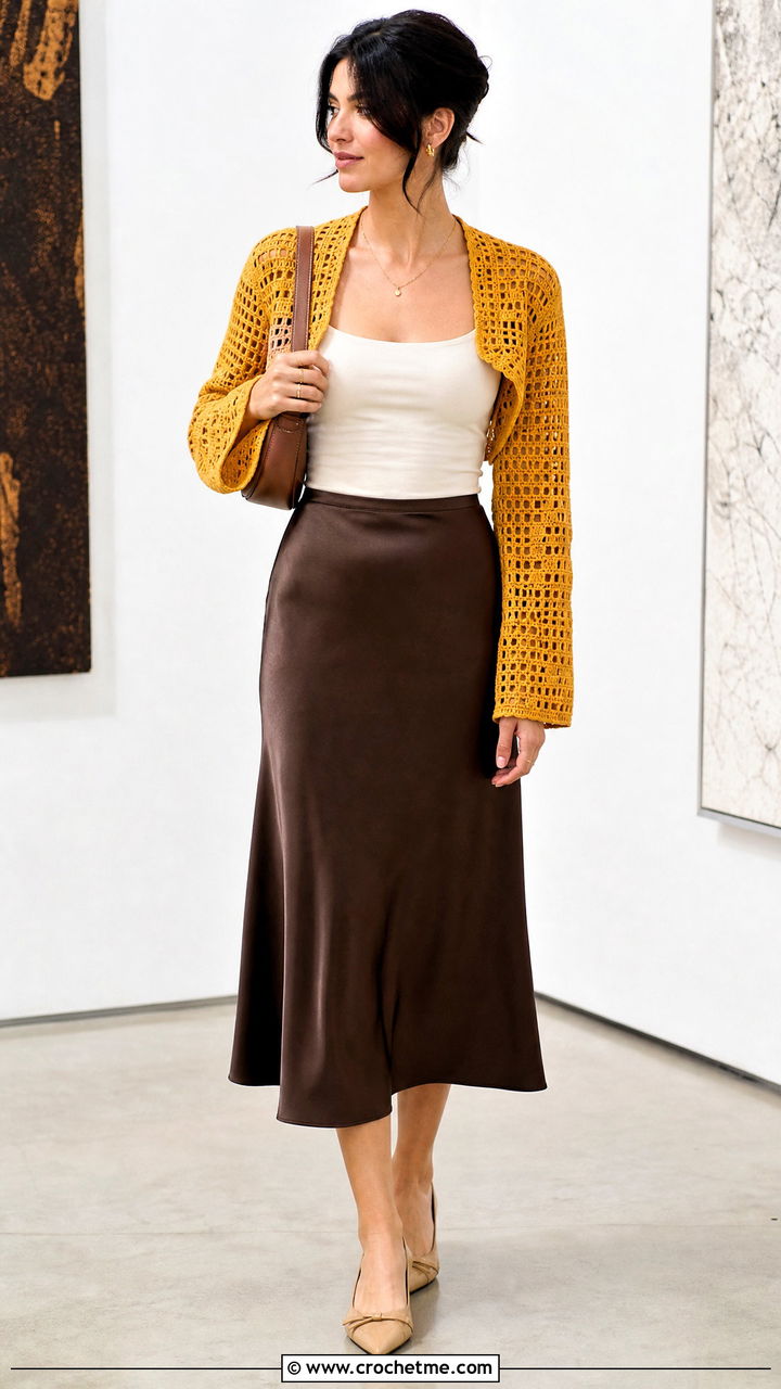 Filet Crochet Bolero With Satin Midi Skirt - 35 crochet bolero outfit ideas