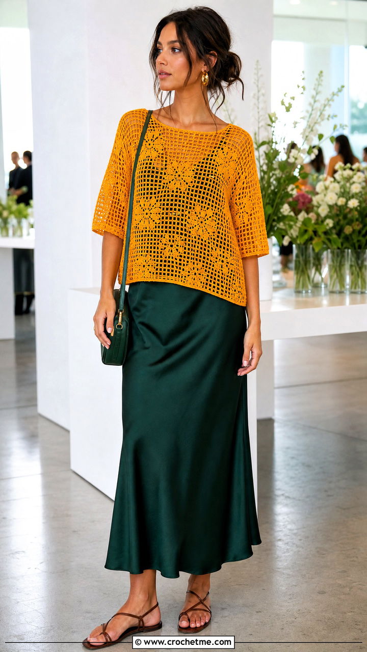 Filet Crochet Boxy Top With A Slip Dress - 35 filet crochet top outfit ideas