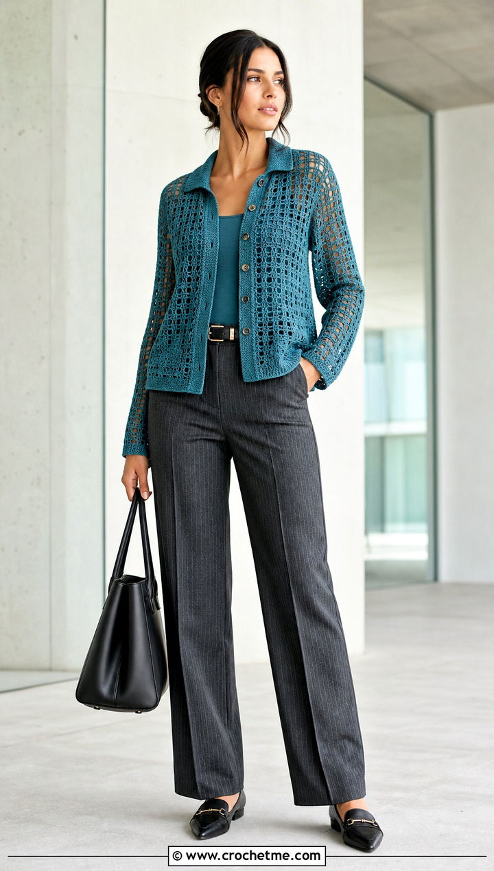 Filet Crochet Button Top With Pinstripe Trousers - 30 crochet button top outfit ideas
