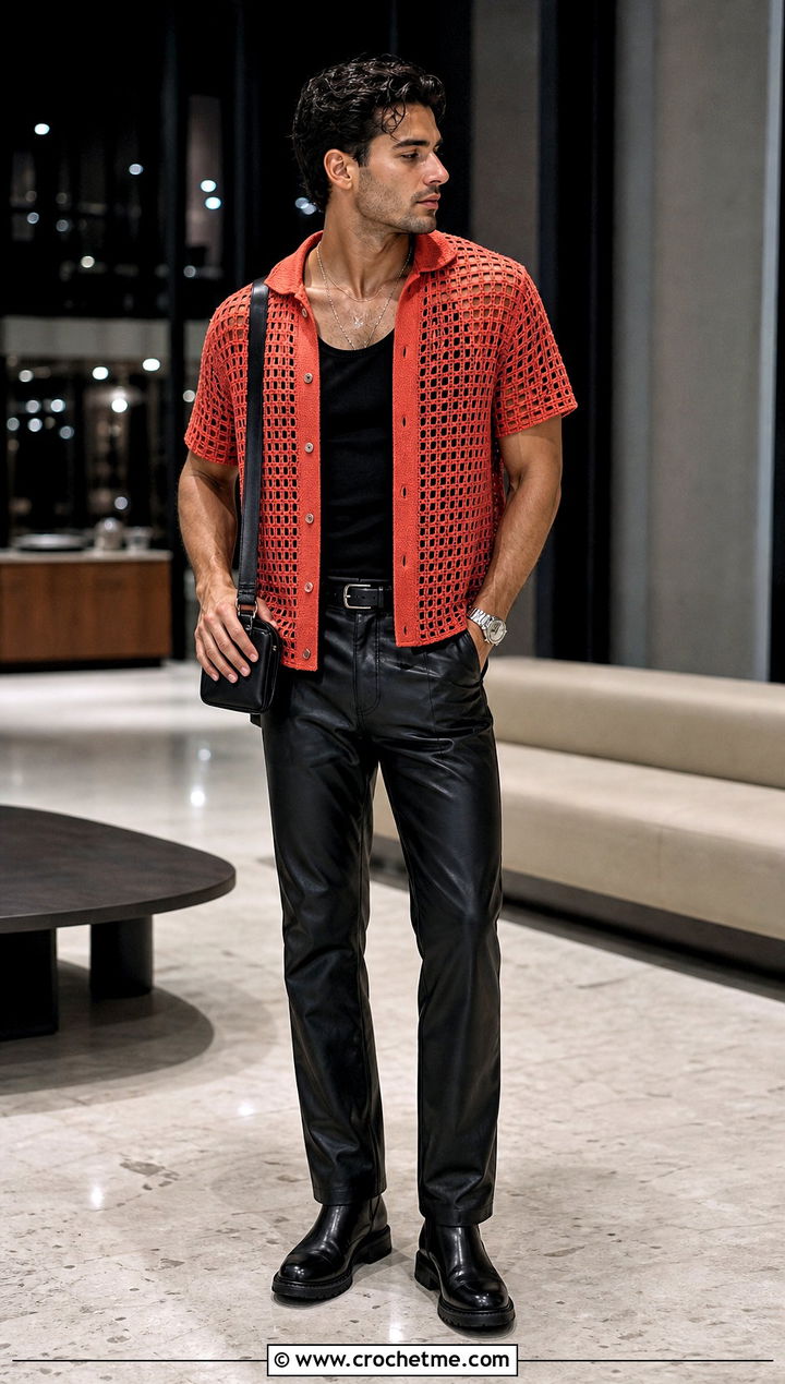 Filet Crochet Button Up Shirt With Leather Pants - 35 men's crochet shirt outfit ideas