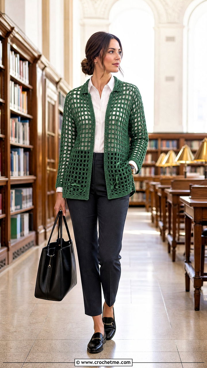 Filet Crochet Cardigan With Button Down Shirt - 35 crochet cardigans for women outfit ideas