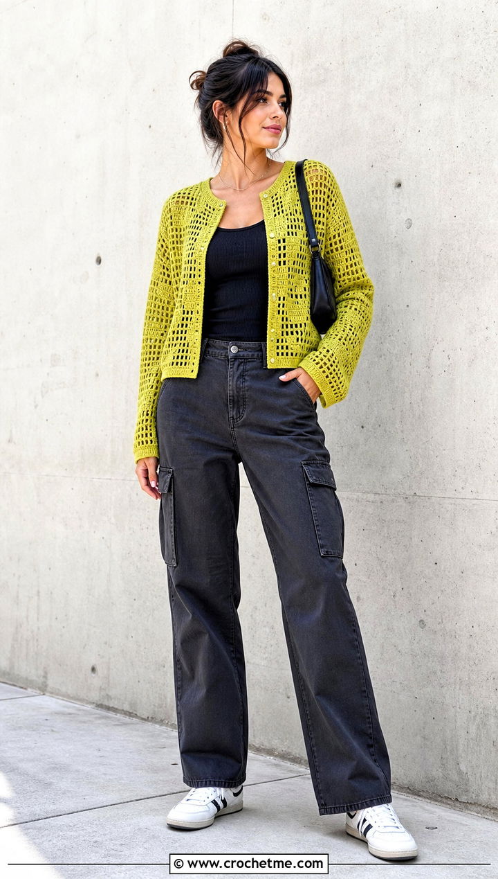 Filet Crochet Cardigan With Cargo Pants - 30 Crochet Lightweight Cardigan outfit ideas