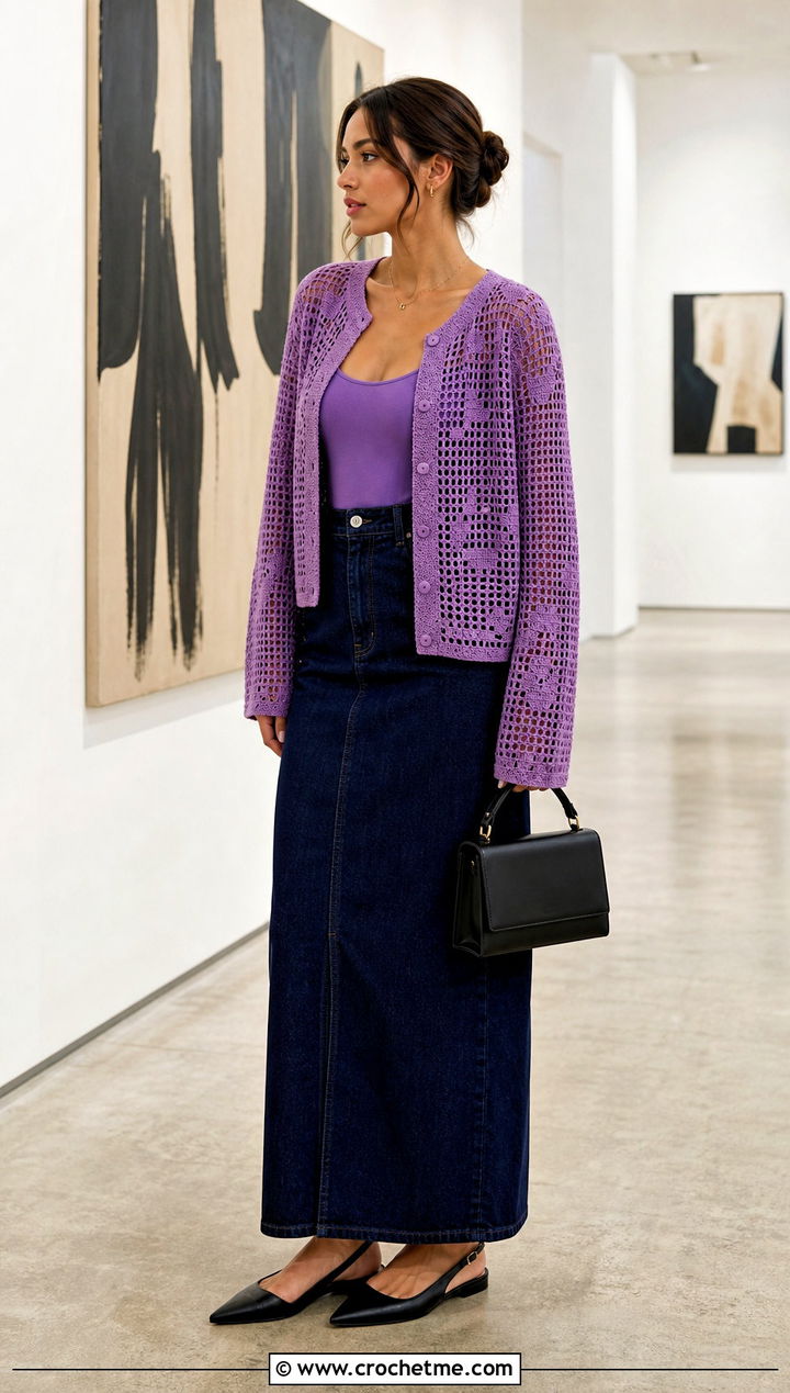 Filet Crochet Cardigan With Column Skirt - 30 crochet for cardigans outfit ideas
