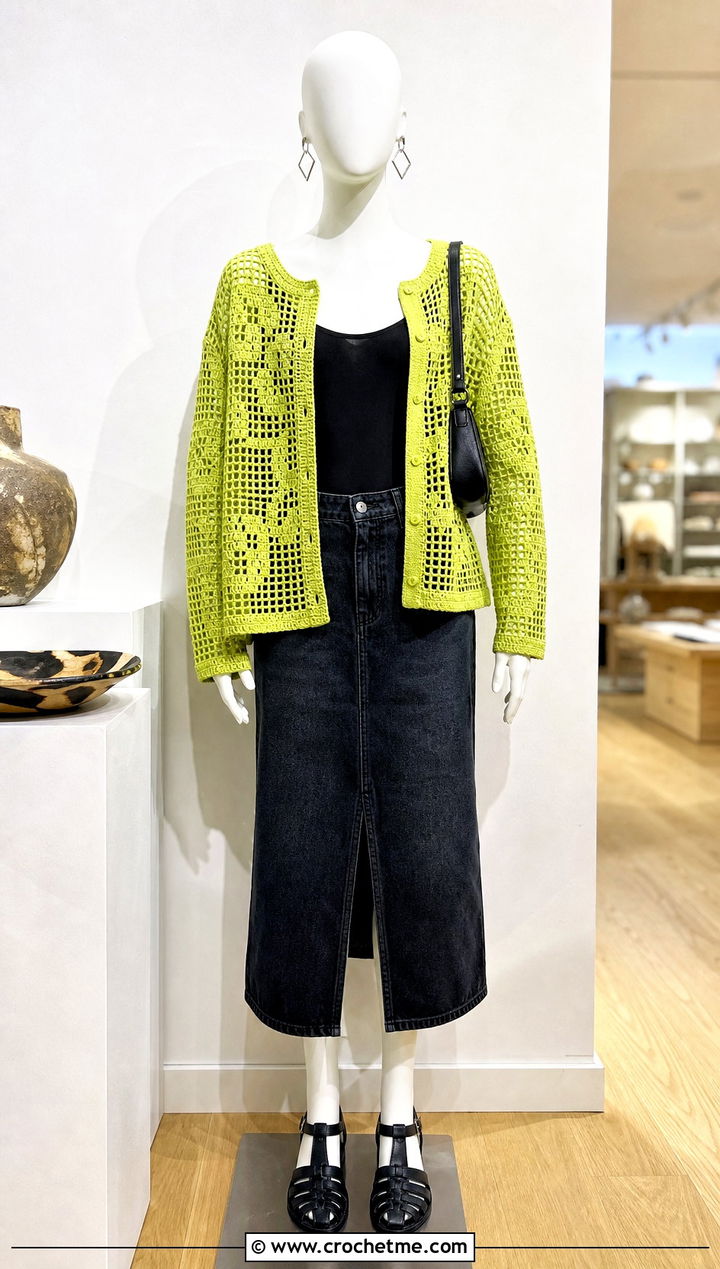 Filet Crochet Cardigan With Denim Midi Skirt - 15 Crochet Cardigan On Mannequin outfit ideas
