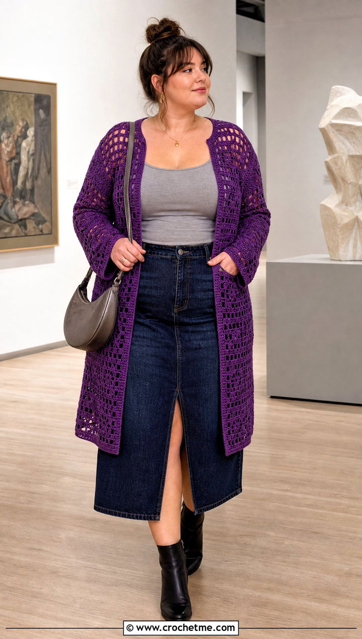 Filet Crochet Cardigan With Denim Midi Skirt - 30 crochet plus size cardigan outfit ideas