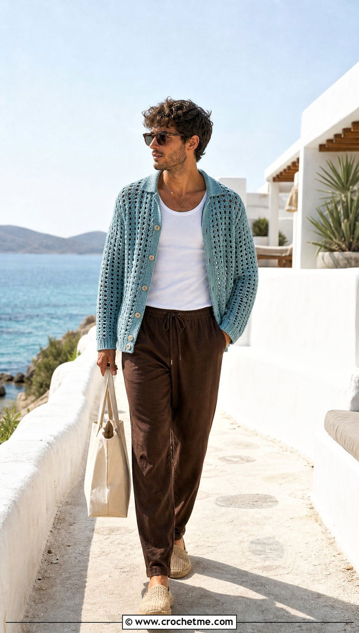 Filet Crochet Cardigan With Drawstring Pants - 35 mens crochet cardigan outfit ideas