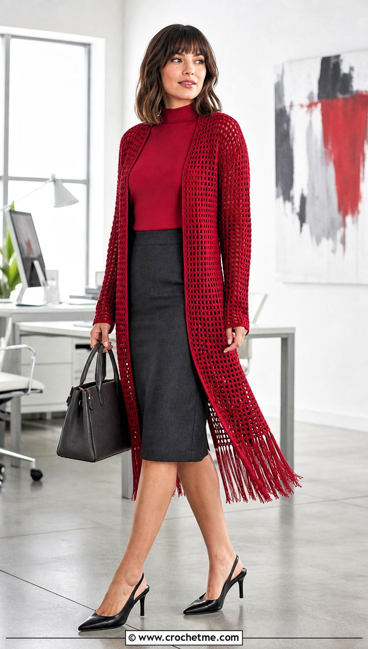 Filet Crochet Cardigan With Pencil Skirt - 15 long crochet cardigan with fringe outfit ideas