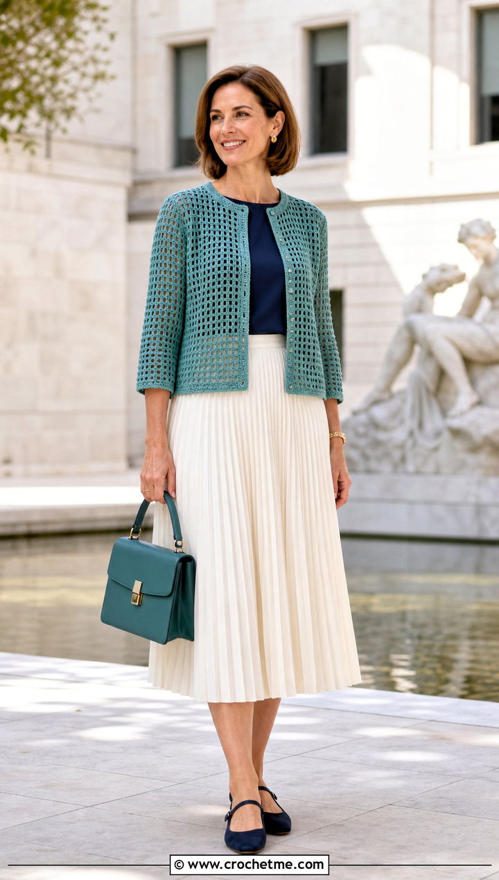 Filet Crochet Cardigan With Pleated Midi Skirt - 35 fall crochet cardigan outfit ideas