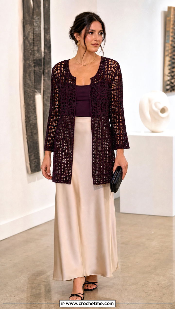Filet Crochet Cardigan With Satin Maxi Skirt - 30 short sleeve crochet cardigan outfit ideas