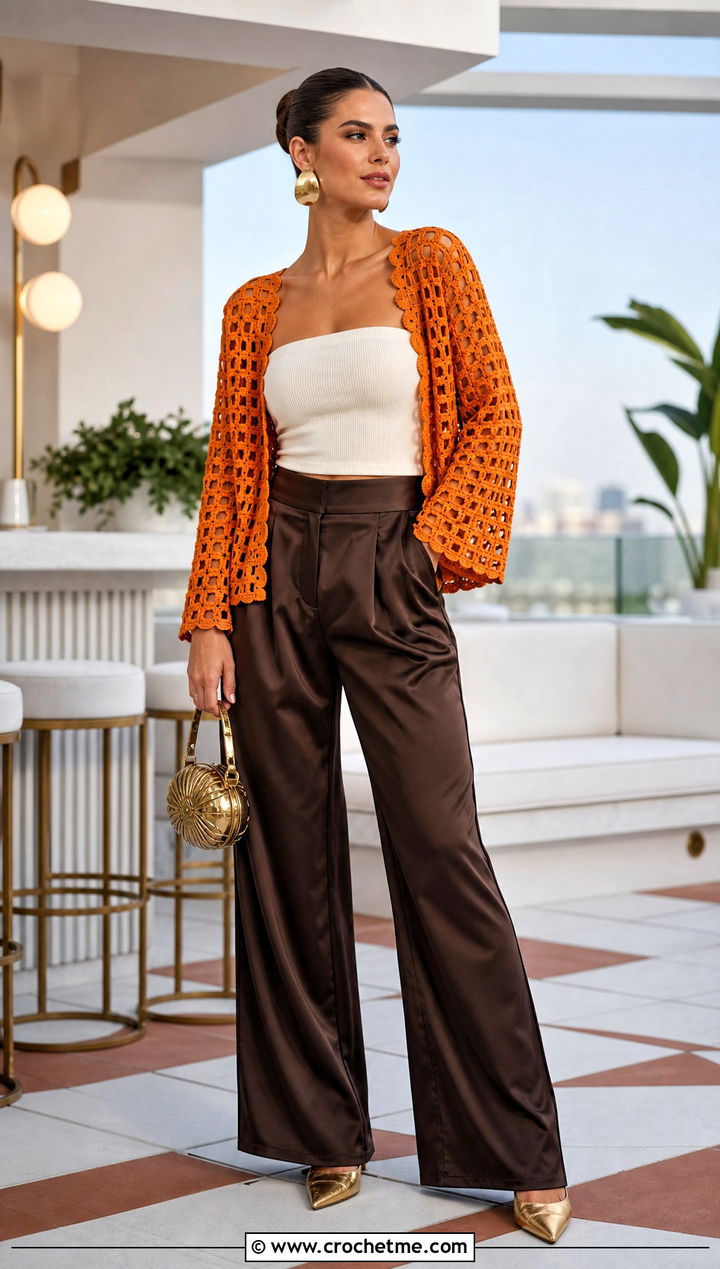 Filet Crochet Cardigan With Satin Trousers - 15 Easy Crocheted Cardigan outfit ideas
