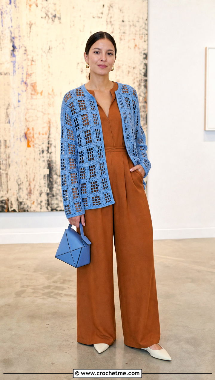 Filet Crochet Cardigan With Wide Leg Jumpsuit - 30 loose crochet cardigan outfit ideas