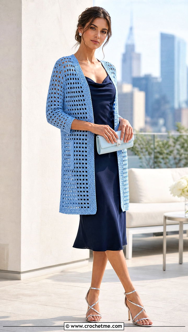 Filet Crochet Cardigan With a Slip Dress - 30 cute crochet cardigans outfit ideas