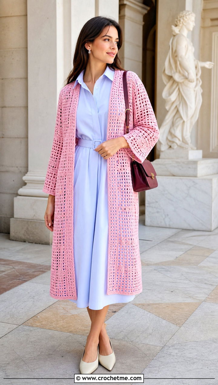 Filet Crochet Coat With A Shirt Dress - 25 Crochet Coat For Women outfit ideas