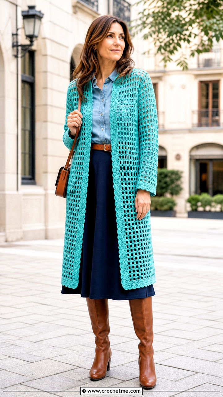 Filet Crochet Coat With Denim Shirt And Midi Skirt - 35 crochet coat outfit ideas