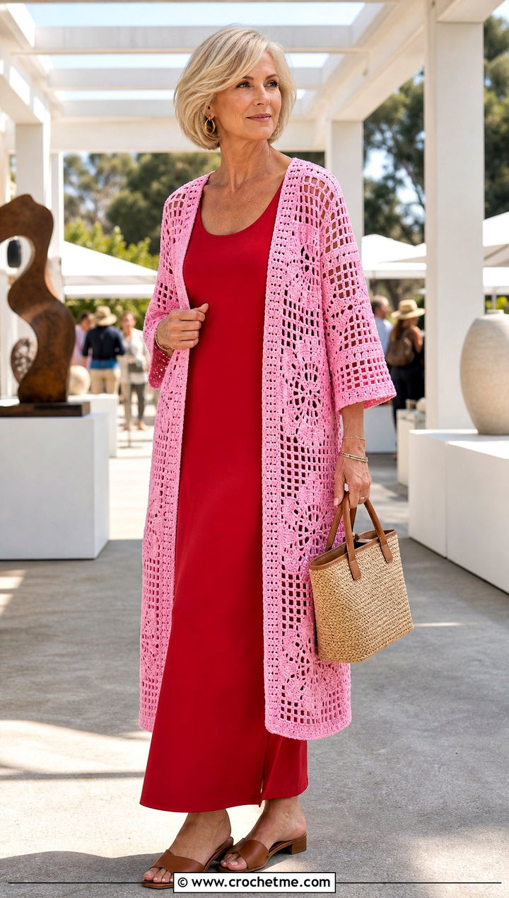 Filet Crochet Coat With a Maxi Dress - 15 stylish crochet coat design outfit ideas