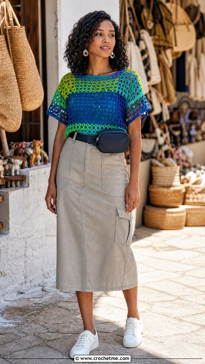 Filet Crochet Color Block Top With A Utility Skirt - 35 filet crochet top outfit ideas